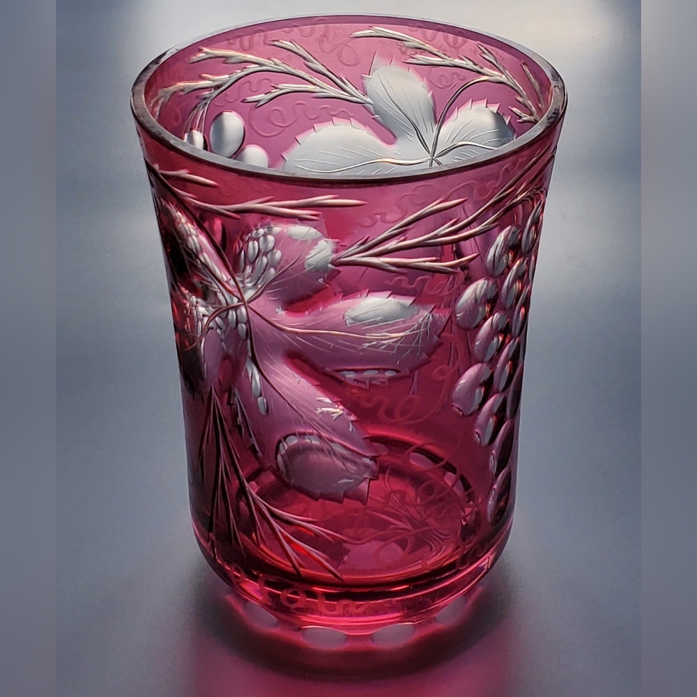 Vntg Cranberry Cut To Clear & Etched Gorgeous 6 3/8" Glass Vase